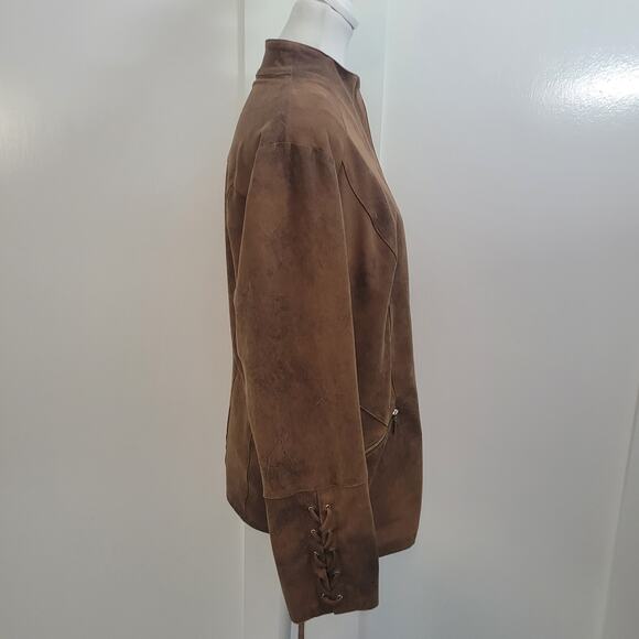 Chico's Size 2 US 12/14 Suede Moto Jacket Brown Faux Leather Western Minimalist - Picture 3 of 10